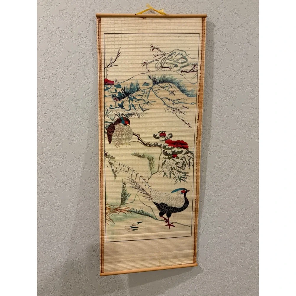 Vintage 1988 Japanese Bamboo Scroll Calendar Geisha Birds Double Sided Wall Art